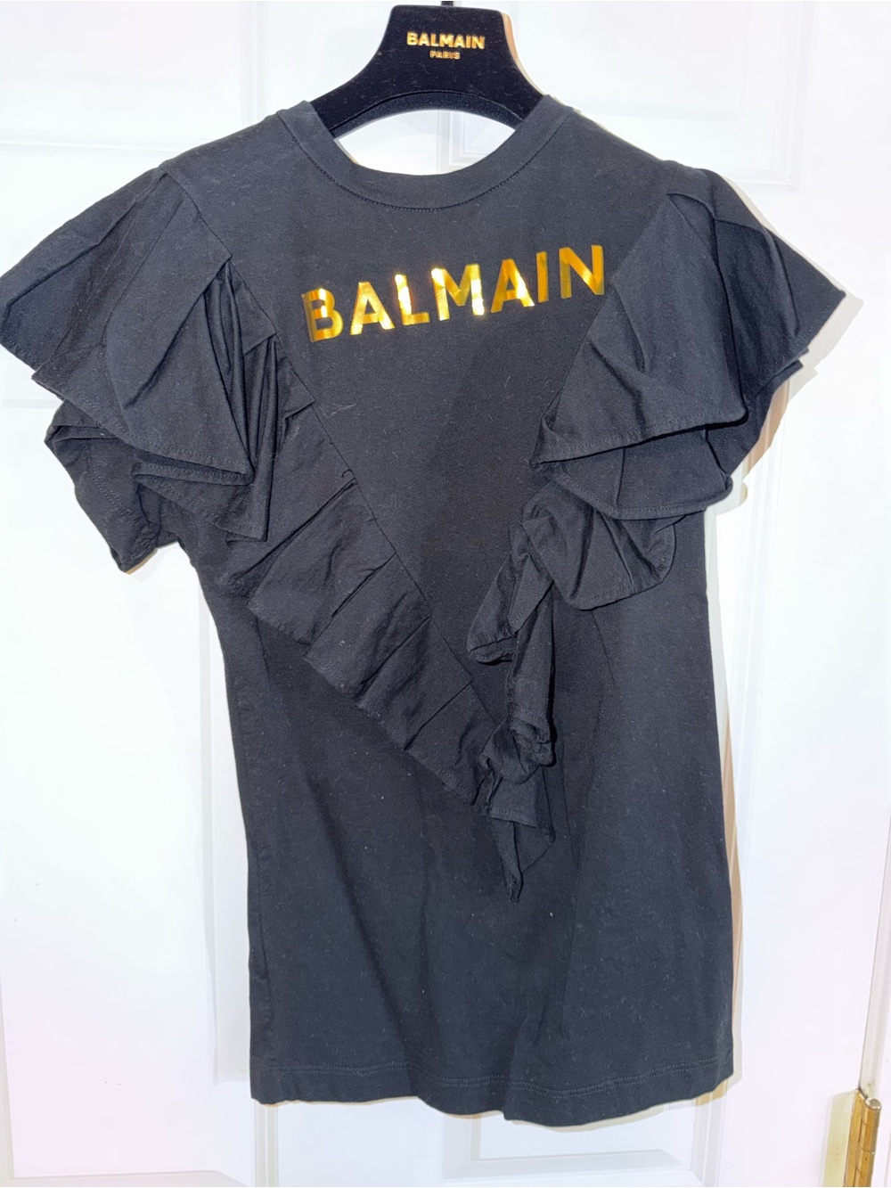 Balmain Black Kids Ruffle Tee with Gold Logo